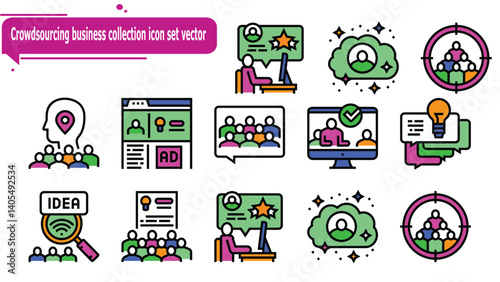 Crowdsourcing business collection icon set vector
