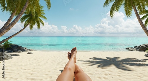 A realistic view of a tropical paradise beach seen from a first-person perspective. Legs are stretched out and slightly crossed in the sand, with the ocean and palm trees ahead. Clear turquoise water