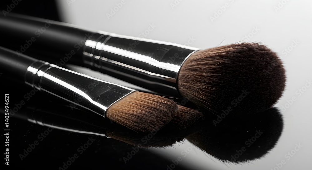 Close up shot of two makeup brushes with black handles on a reflective surface in dim lighting Close up shot of two makeup brushes with black handles on a reflective surface in dim lighting