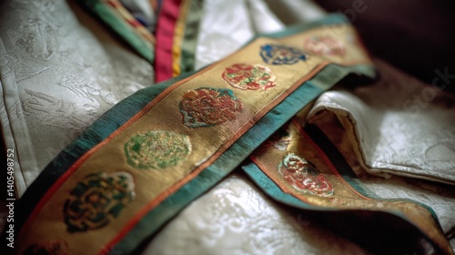 Ornate fabrics with rich textures and colors, exquisitely crafted, accentuate the cultural elegance and ceremonial significance.