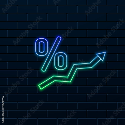 Graph rising trend icon in percentage. Symbol. neon style. Percentage growth trend chart.