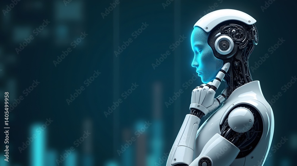 Futuristic AI robot thinking, side profile. Tech concept for innovation, machine learning & automation. Use for digital art, web & print design. Futuristic AI robot thinking, side profile. Tech concept for innovation, machine learning & automation. Use for digital art, web & print design.
