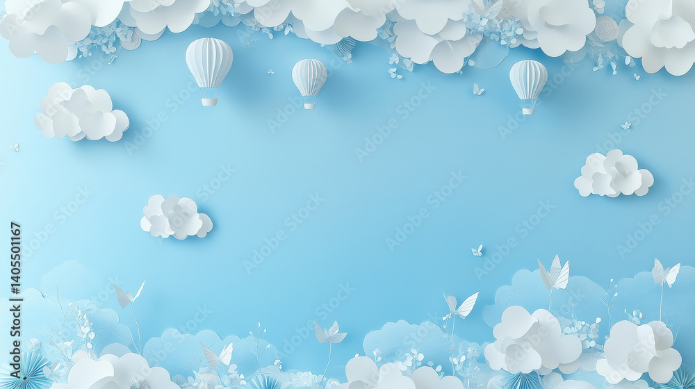 soft blue gradient background features paper clouds and hot air balloons, creating whimsical and serene atmosphere. Delicate paper flowers and butterflies add to dreamy scene soft blue gradient background features paper clouds and hot air balloons, creating whimsical and serene atmosphere. Delicate paper flowers and butterflies add to dreamy scene
