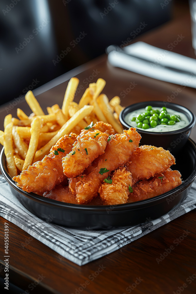 Crispy Fish and Golden Fries with Sauce and Peas