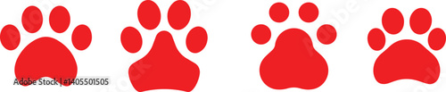 Red paw prints, animal tracks, simple graphic design, bold colors, white background, cartoon style, vector art, dog or cat footprints, iconic symbols