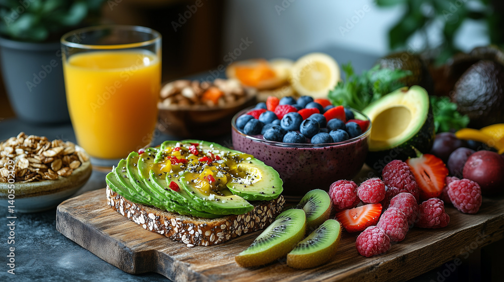 Close-up of healthy breakfast with avocado toast, berries, kiwi, granola, almonds, and orange juice on a wooden surface. Close-up of healthy breakfast with avocado toast, berries, kiwi, granola, almonds, and orange juice on a wooden surface.