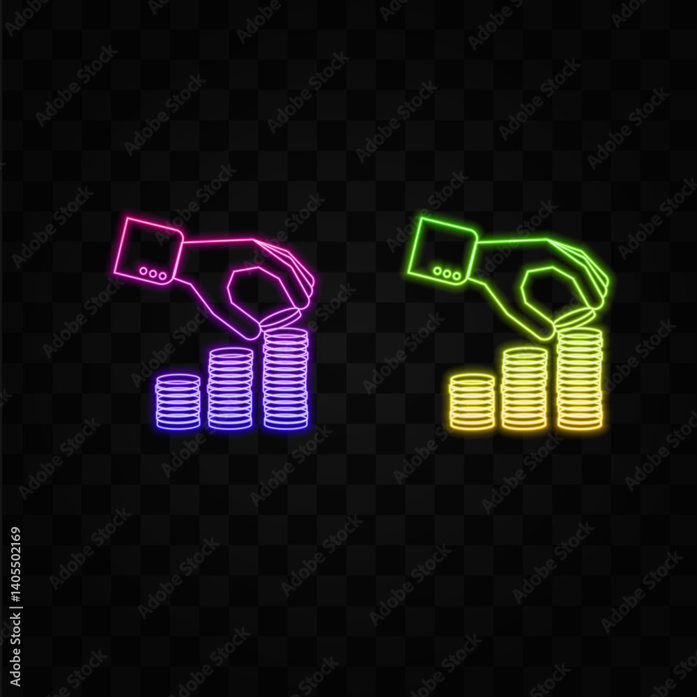 Mão segurando moedas de dinheiro vetor ilustração.estilo neon.Conceito de dinheiro com design de ícone, ilustração vetorial