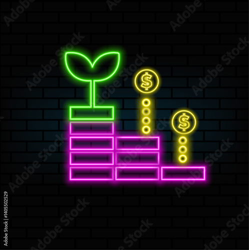 neon style. monetary growth. tree growing money.dollar. profitability icon. Suitable for mobile applications, network applications and print media.