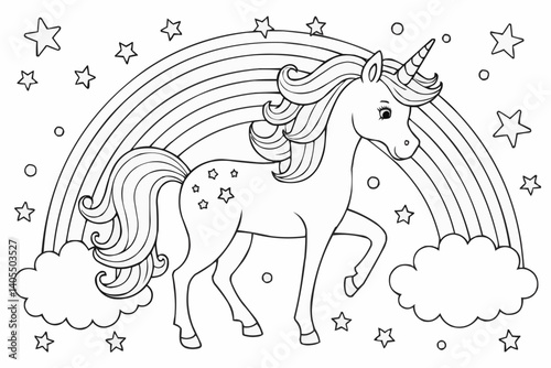 Magical unicorn coloring page with rainbow and stars  