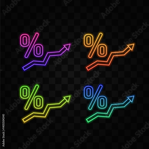 rising trend bar chart with signal. neon style. percentage and up arrow, inflation or tax vector icon illustration