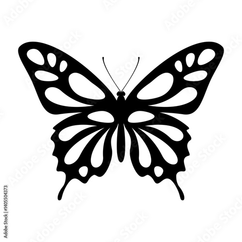 Butterfly swallowtail black silhouette. Beauty insect with luxurious wings and antennae for decorative ornament and entomology