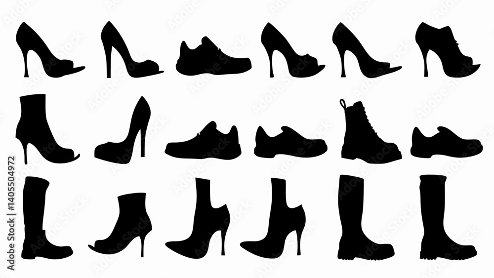 set of shoes silhouette vector on white background set of shoes silhouette vector on white background