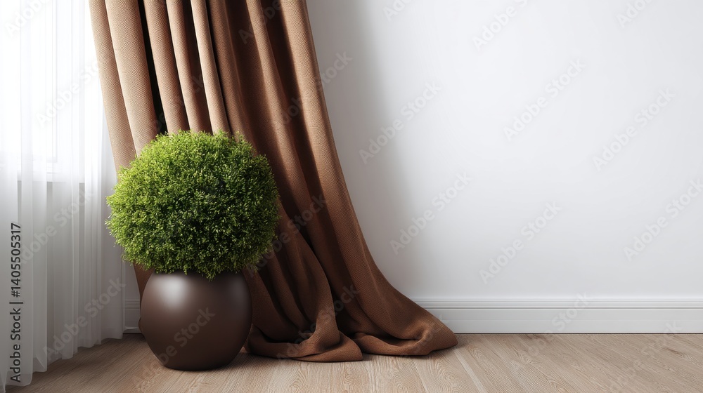 Fototapeta premium Green plant in brown pot near curtain