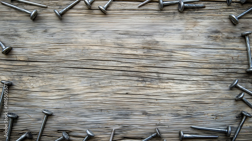 Wooden surface with scattered metal nails in a frame pattern.