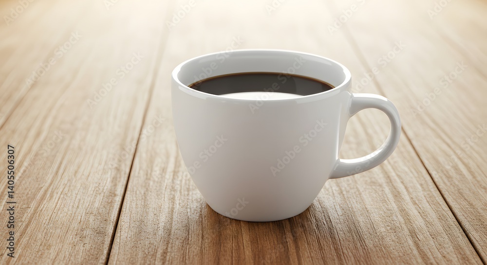 A white coffee cup filled with dark coffee sitting on a light brown wooden surface in a close up view A white coffee cup filled with dark coffee sitting on a light brown wooden surface in a close up view