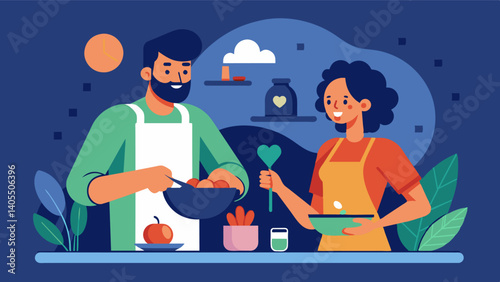Amid a busy work week a man and his partner prioritize selfcare and spend the evening cooking a healthy and nourishing meal together strengthening both their relationship and their. Vector