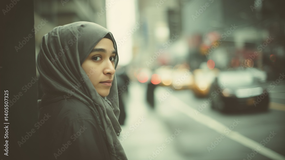 A contemplative woman in a hijab stands thoughtfully against a city backdrop, captured in a moment of stillness amidst urban hustle. A contemplative woman in a hijab stands thoughtfully against a city backdrop, captured in a moment of stillness amidst urban hustle.