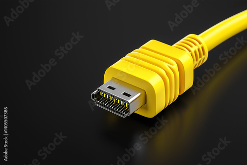 A vibrant yellow cable connector designed for high-speed data transmission, set against a sleek black background. This image highlights modern technology and connectivity.