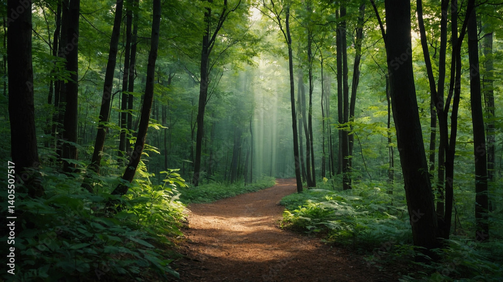 Obraz premium A sunlit path winds through a mystical green forest, inviting exploration and tranquility with dappled light and a soft, earthy tone.