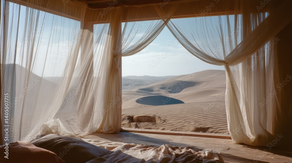 A view from a cozy bedroom with sheer curtains revealing vast, sunlit desert dunes stretching to the horizon. A view from a cozy bedroom with sheer curtains revealing vast, sunlit desert dunes stretching to the horizon.