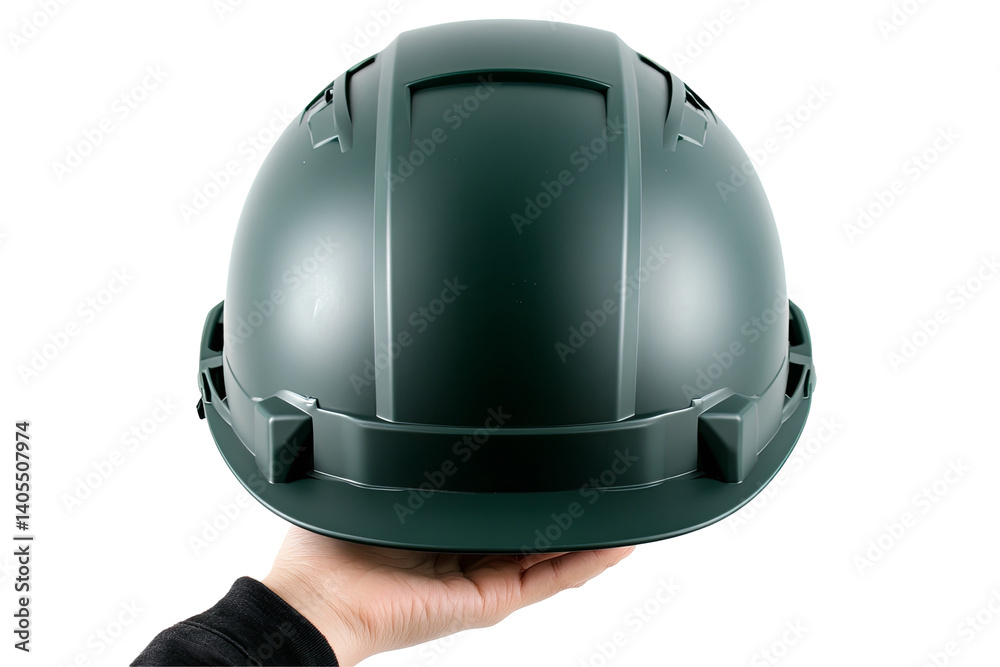 Fototapeta premium Holding a dark green hard hat in hand against a transparent background. Safety concept. Protection equipment for work