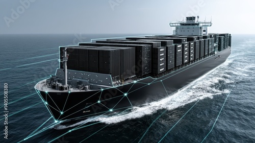 Obraz na płótnie Autonomous container ship navigating smart sea lanes using satellite guidance, onboard AI systems, and weather-responsive route optimization., copy space for text - route smart w salonie