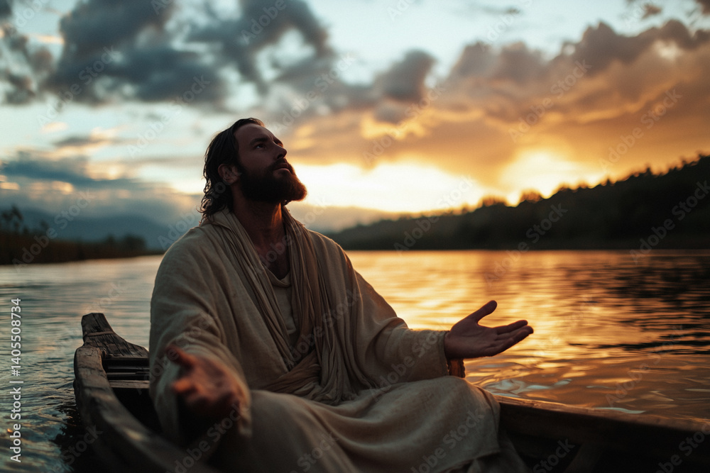 Fototapeta premium Man posing as Jesus in a boat at sunrise