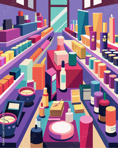 A sea of untouched makeup and beauty products cluttering the cosmetic aisle.. Vector illustration