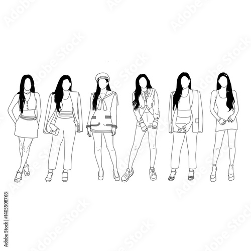 Wallpaper Mural Black and white vector depiction of multiple fashionable women showcasing various modern and casual clothing styles. Torontodigital.ca