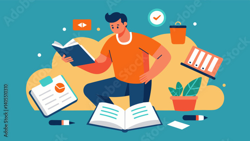 As he flips through the pages of a fitness magazine the man takes note of helpful tips and advice that will support his healthy weight gain journey from meal planning to. Vector illustration