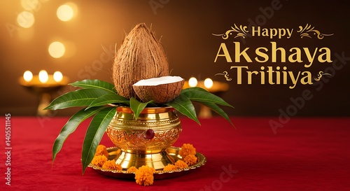 Happy Akshaya Tritiya. Hindu Festival. Gold Coin