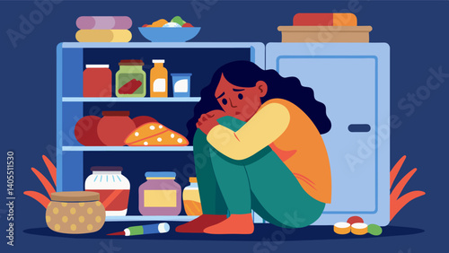 A pantry packed to the brim with snacks candy and cookies looms over a woman curled up on the floor her arms wrapped tightly around her knees as she fights against the consuming. Vector illustration