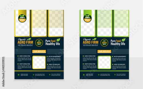 Agro flyer design template layout with rectangular green and orange shape