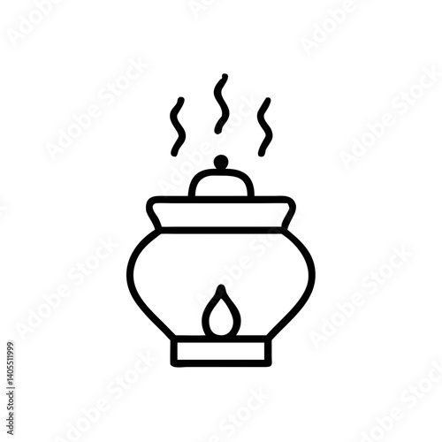 A calming aroma fills the air from a gently simmering pot, its lid slightly ajar, releasing fragrant steam in a minimalist line art design.