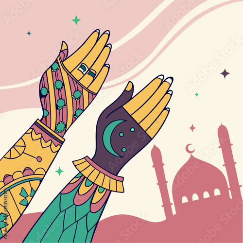 Ornate hands in prayer, a vibrant depiction of devotion and faith against a softly colored mosque backdrop.