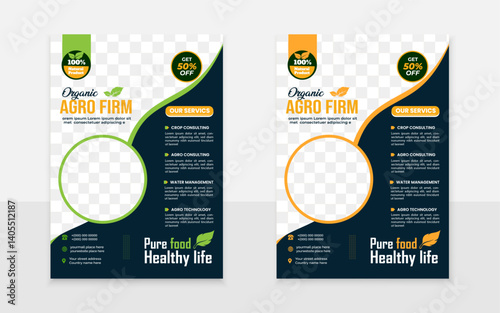 Modern minimal agro flyer design template layout with elliptical green and orange shape
