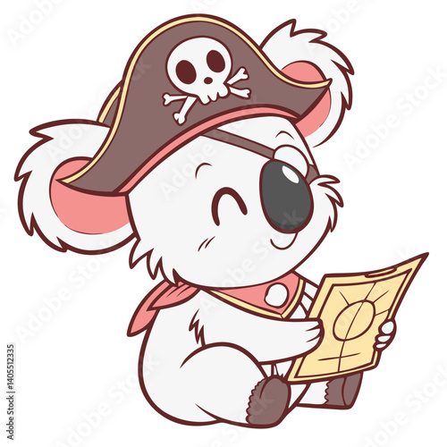 A charming koala pirate captain cheerfully studying a treasure map, sporting a jaunty hat and eye patch in a soft, whimsical illustration style.