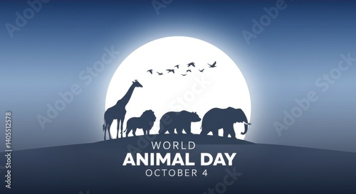 World Animal Day Silhouette Illustration with Diverse Wildlife and Moon