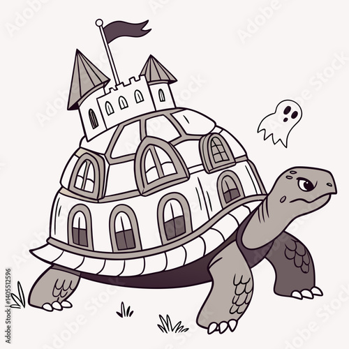 A determined tortoise carrying a miniature castle on its shell, a whimsical journey through a fantastical landscape, depicted in a charming monochrome illustration.