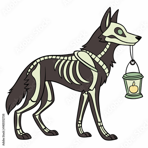 A spectral wolf, its bones subtly gleaming beneath dark fur, carries a glowing lantern on a quiet, moonlit night, its pale green eyes hinting at otherworldly wisdom.