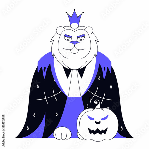 A regal lion king in a Halloween cloak, proudly presenting a spooky jack-o'-lantern, in a bold minimalist illustration style with cool blue and black tones.