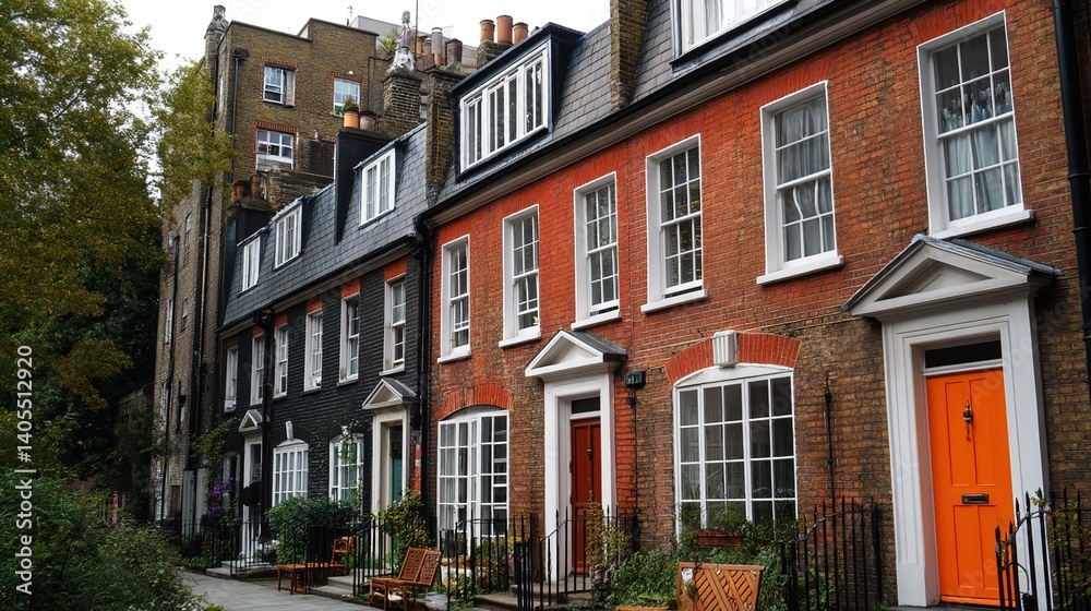 Naklejka premium Row of brick townhouses with colorful doors under autumn foliage, urban architectural blend with orange-black-white facades and sidewalk details.