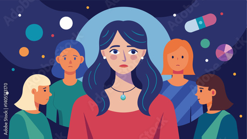A woman feeling pressured by her friends to engage in risky behaviors such as drug use and unprotected in order to be accepted.. Vector illustration