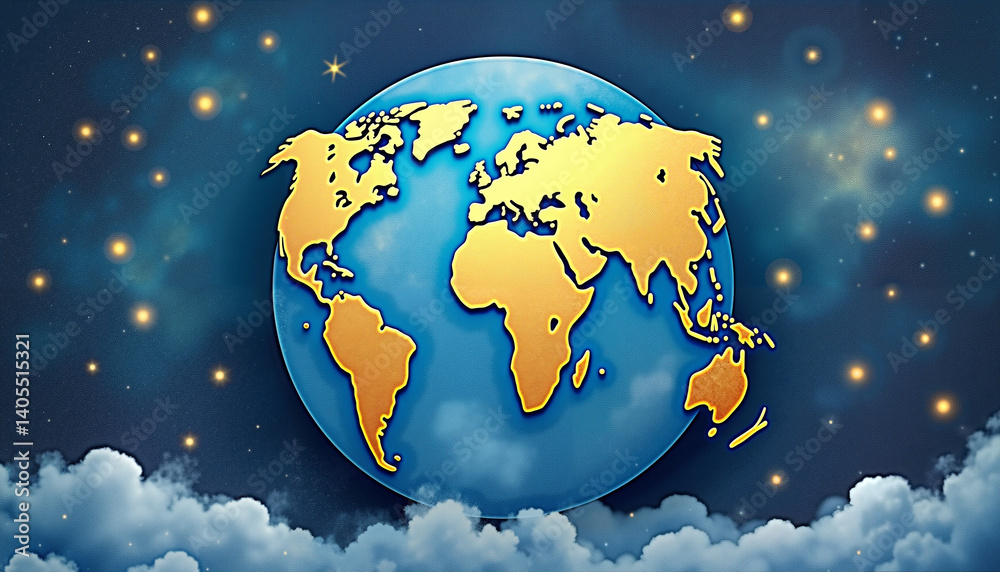 Naklejka premium Stylized Earth illustration with golden continents against a dreamy cloud background