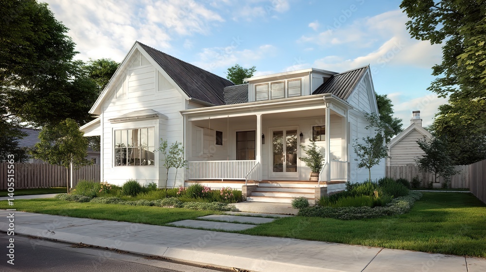 Two-story white country house with black roof, large windows, spacious front porch with white railings, surrounded by green plants, lawn, trees, distant mountains, and clear sky with white clouds Two-story white country house with black roof, large windows, spacious front porch with white railings, surrounded by green plants, lawn, trees, distant mountains, and clear sky with white clouds