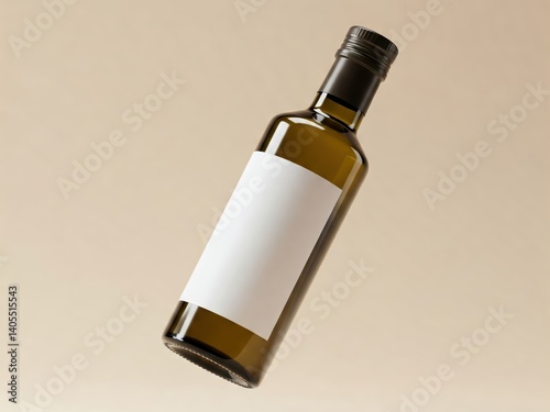 Modern olive oil bottle with blank label, floating in air on light beige background, clean and aesthetic branding mockup