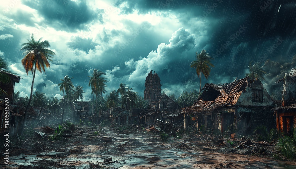 Naklejka premium Desolate tropical town after disaster. Storm clouds and sun.