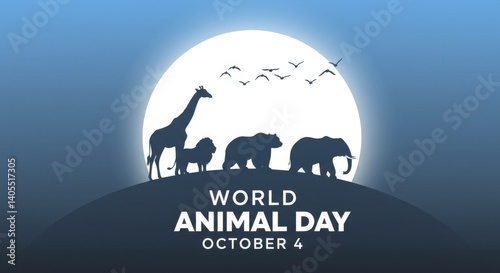 World Animal Day Silhouette Illustration with Diverse Wildlife and Moon