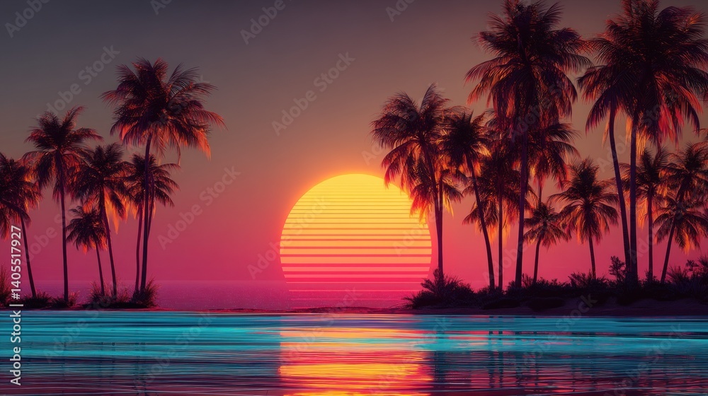 Naklejka premium Neon sunset over tropical beach with palm trees silhouettes. Retro synthwave retrowave style.