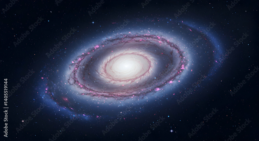 Naklejka premium Spiral Galaxy With Pink And Blue Hues In Deep Space